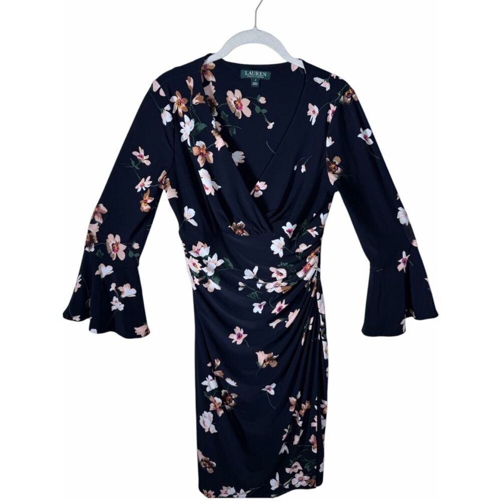 Lauren Ralph Lauren Women’s Blue & Pink  Stretch Floral Bell Sleeve Dress Size 8